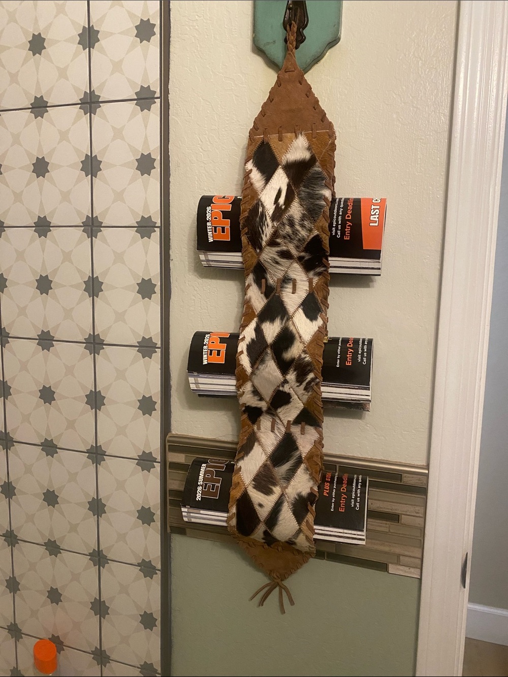 Handcrafted Cowhide Leather Magazine Holder Wall Hanging/Organizer Brown & White